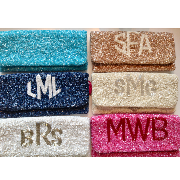 Monogram top beaded clutch